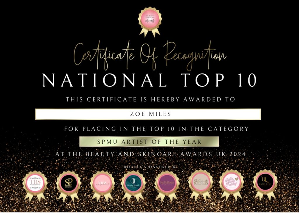 The Beauty and Skincare Awards 2024 National Top 10 Winner Certificate for Zoe Miles at PMU Clinic