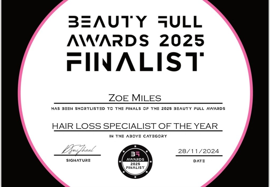 Beauty Full Awards 'Hair Loss Specialist' Finalist certificate for Zoe Miles at The PMU Clinic