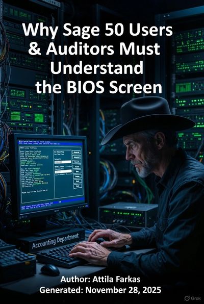 Man in a dark hat working on a BIOS screen in an accounting department.