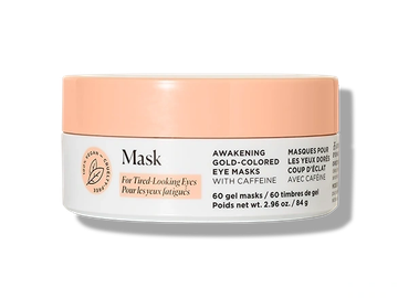 Container of caffeine-infused eye masks for tired eyes.