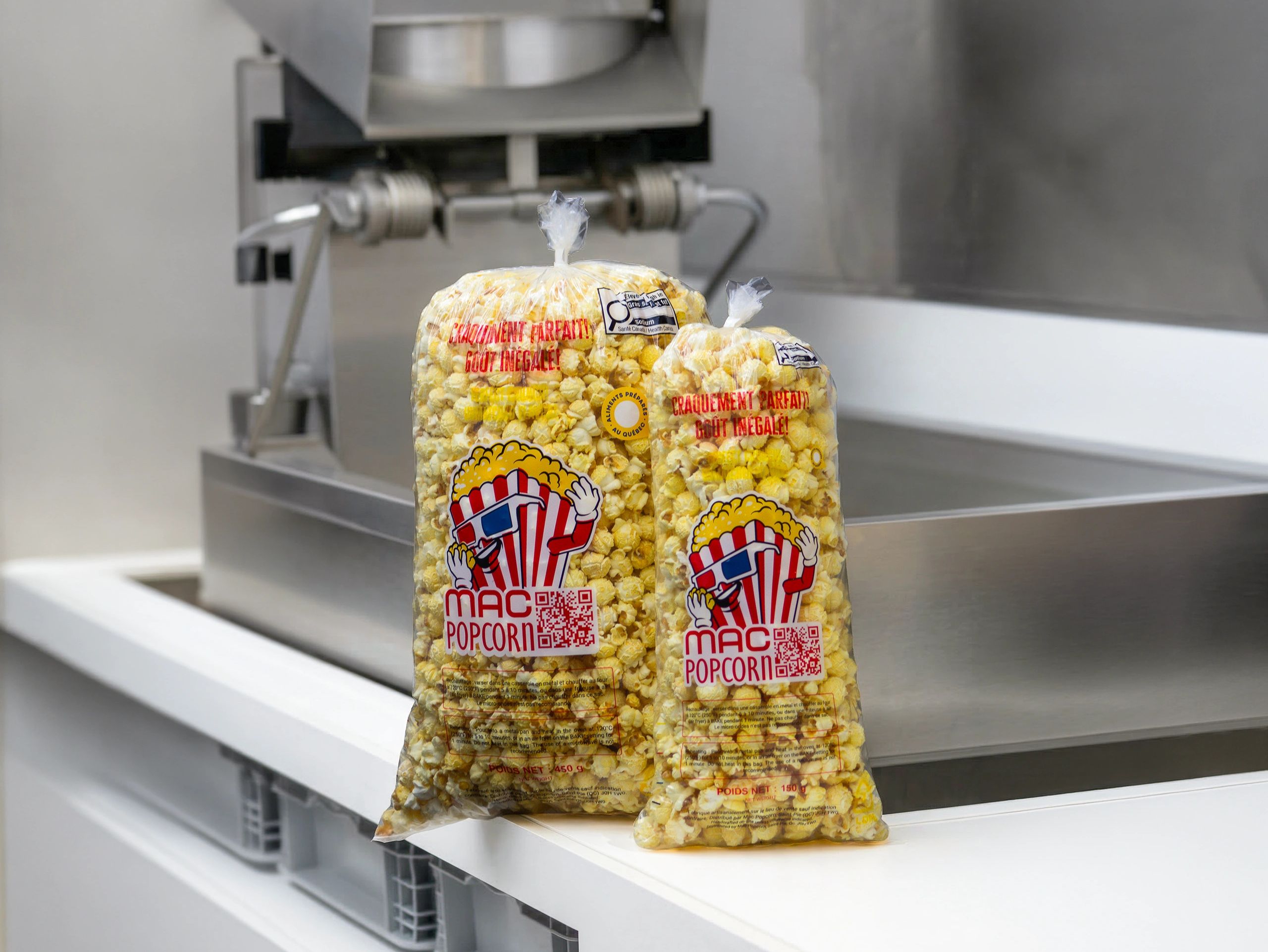 Two bags of Mac Popcorn on a factory conveyor belt.
