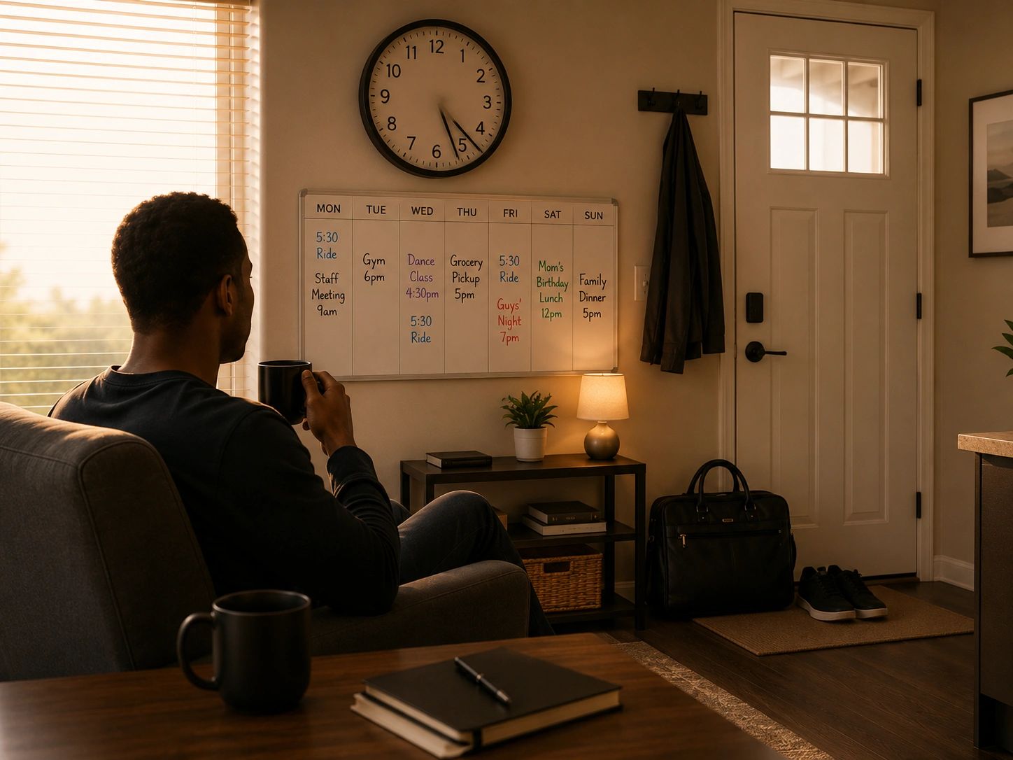 Man drinking coffee while looking at a weekly planner board.