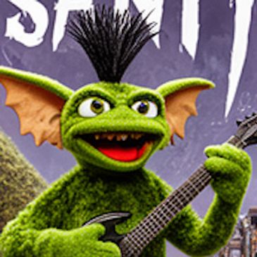 Green puppet with big ears and spiky hair playing guitar.