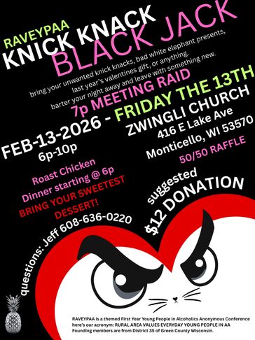 Event flyer for RAVEYPAA Black Jack Knick Knack with dinner and raffle on Feb 13, 2026.