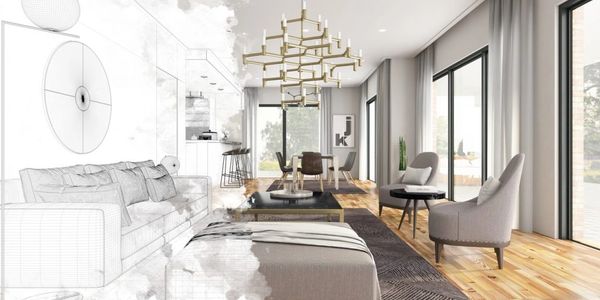 Modern living room with large windows and elegant furniture.