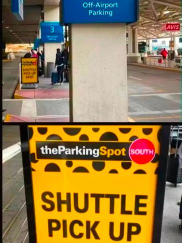 Airport shuttle pick-up signs at off-airport parking.