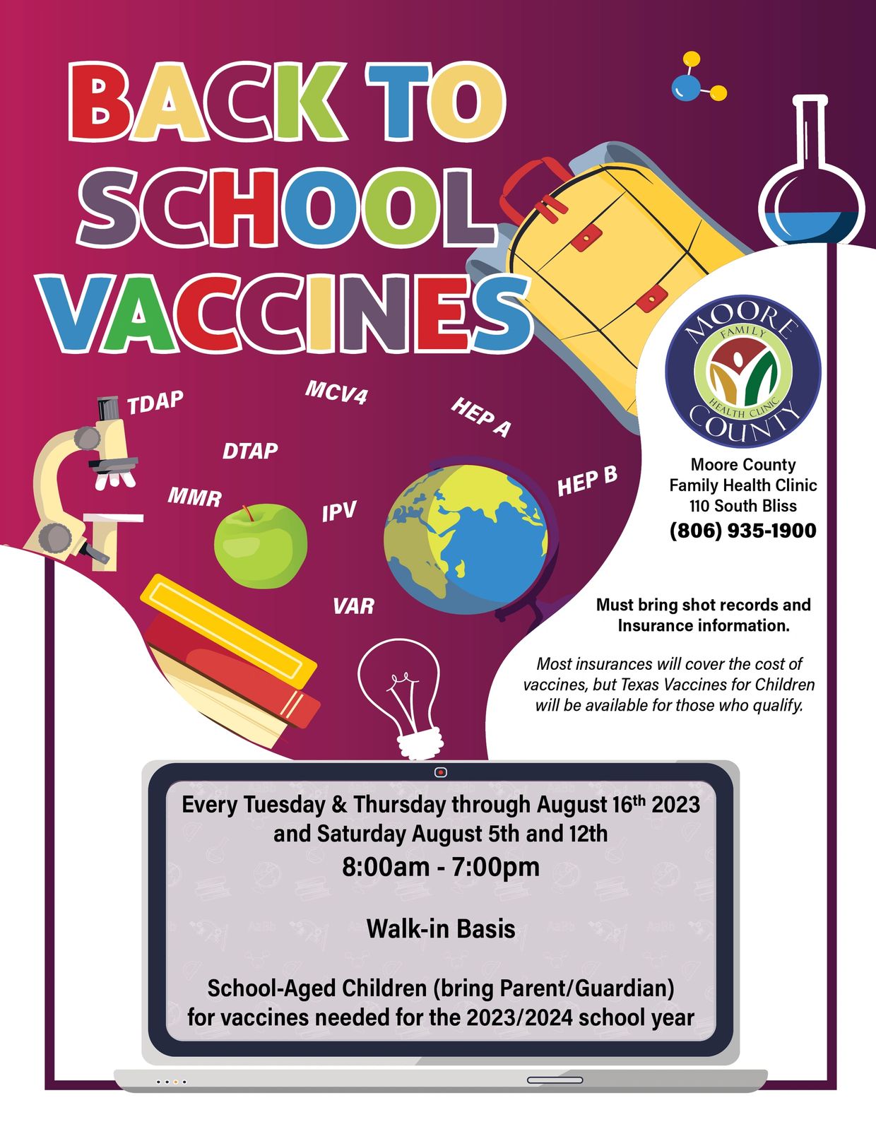 Image of a flyer with details of the back to school vaccines.  Information is also listed below.