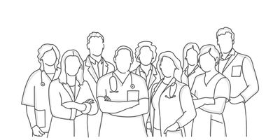 Line drawing of multiple doctors and nurses