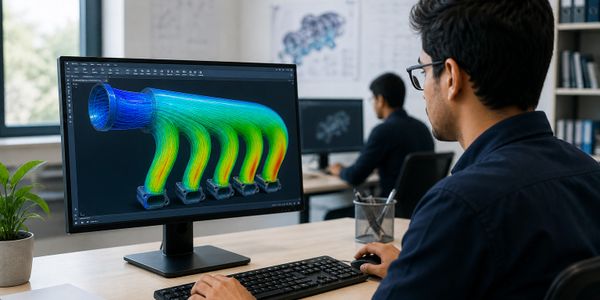 Engineer analyzing fluid dynamics simulation on computer screen.