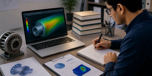 Engineer analyzing turbine flow simulation and taking notes at desk.