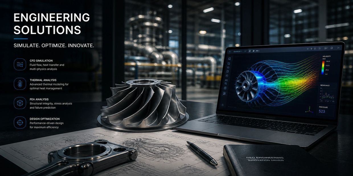 Laptop showing fluid dynamics simulation beside metal turbine parts and engineering drawings.