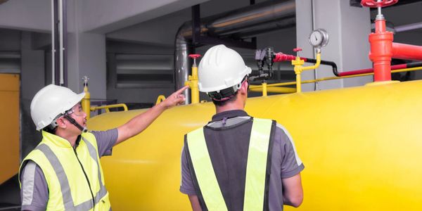 Two workers in safety gear inspecting industrial pipes and gauges.