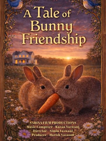Two bunnies share a carrot at sunset in a heartwarming friendship tale.