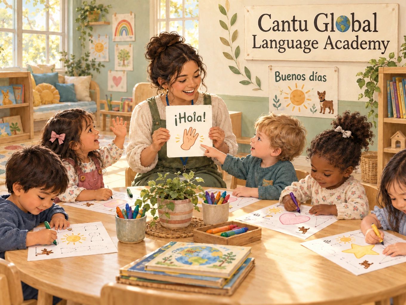 Teacher and kids learning Spanish at Cantu Global Language Academy.