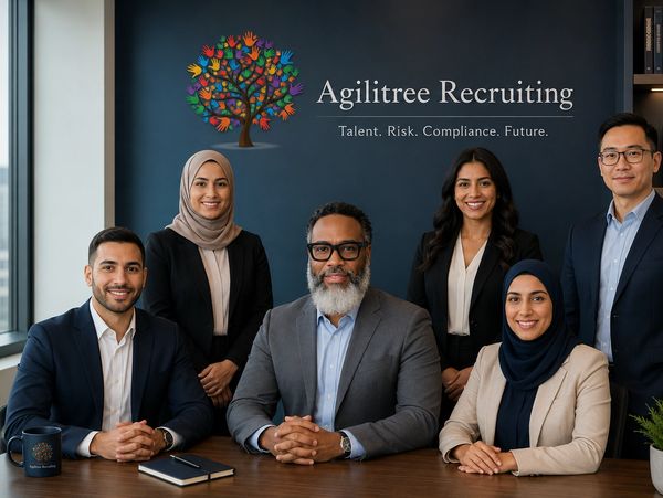 Diverse professional team at Agilitree Recruiting posing together in a modern office.
