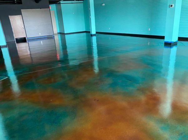 blue stained concrete patio