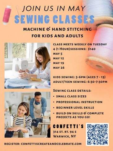 Flyer advertising May sewing classes for kids and adults with machine and hand stitching.