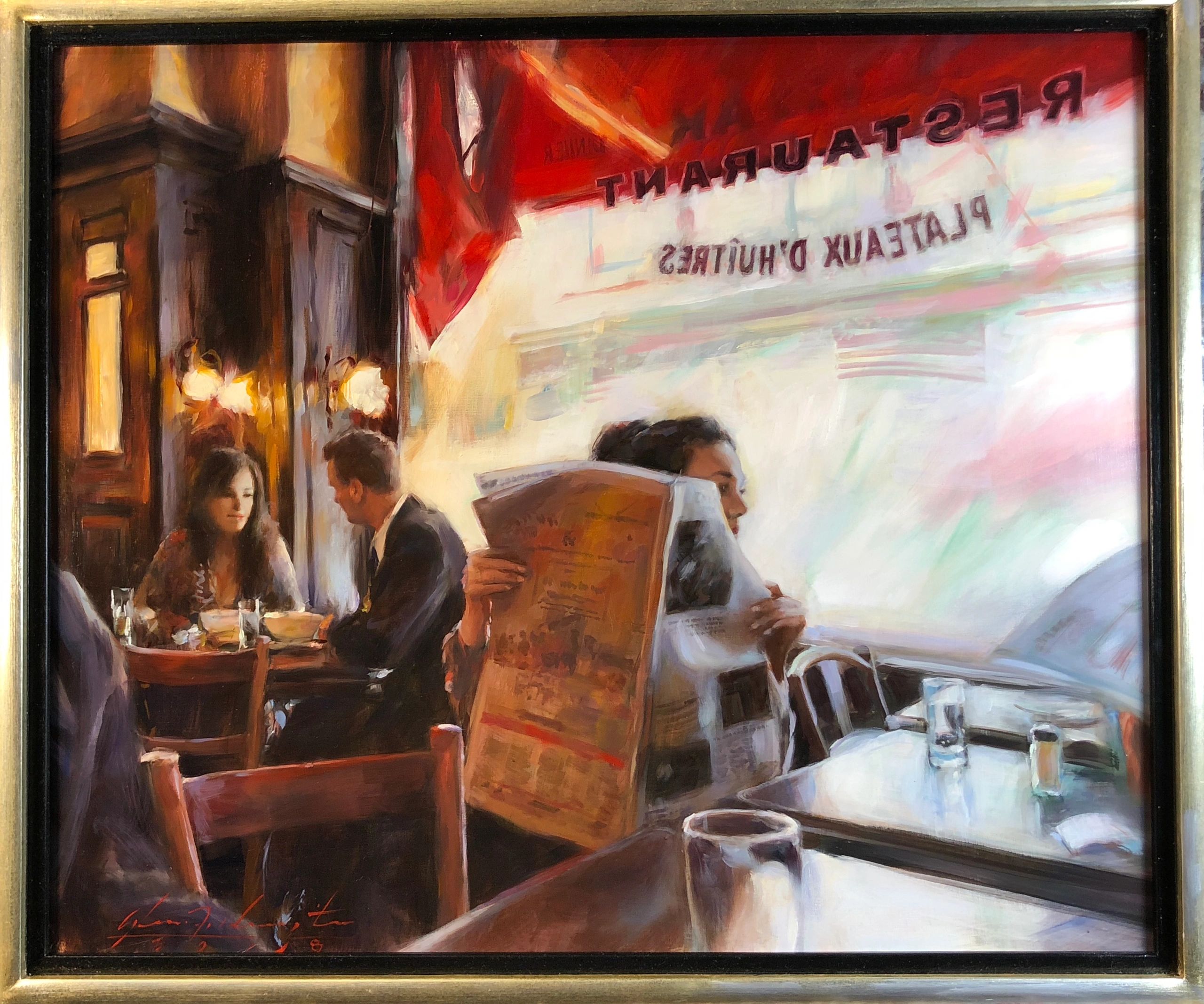 Newspaper at breakfast painting by Glenn Harrington