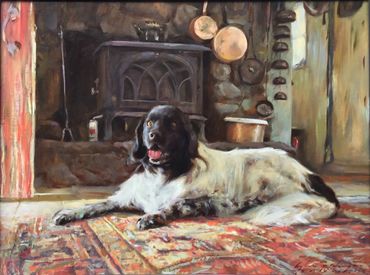 Dog on a rug painting by Glenn Harrington 