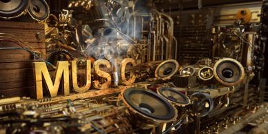 Steampunk-themed music setup with speakers and mechanical gears.