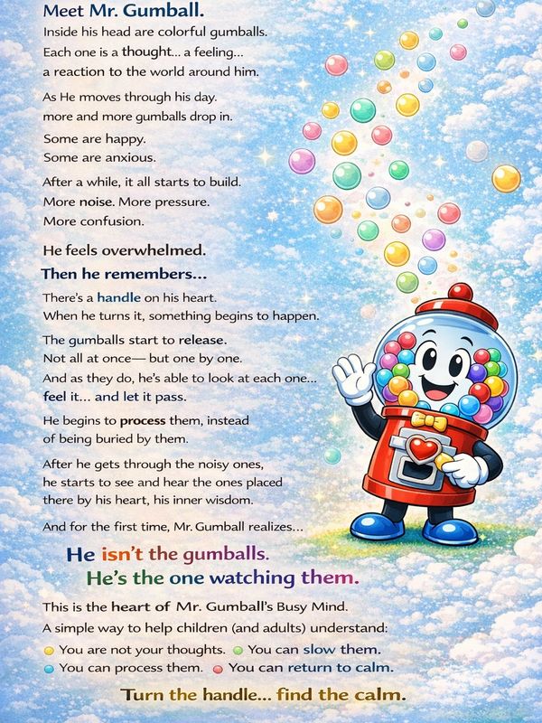 Illustration of Mr. Gumball with colorful gumballs representing thoughts and emotions in a calming sky background.