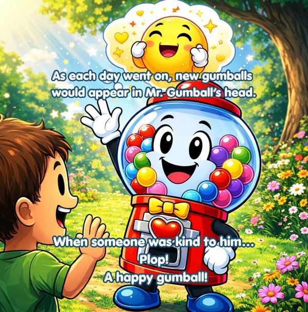 A cheerful gumball machine and boy share happiness in a sunny garden.