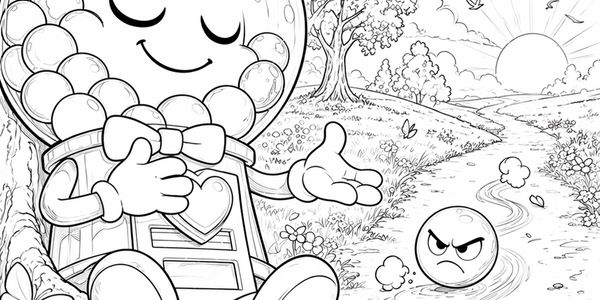 A gumball machine with a face sits happily by a winding path with an angry ball nearby.