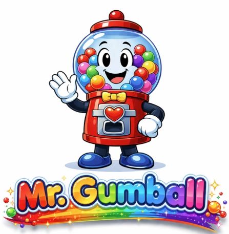 Cheerful cartoon gumball machine character waving with colorful gumballs inside.