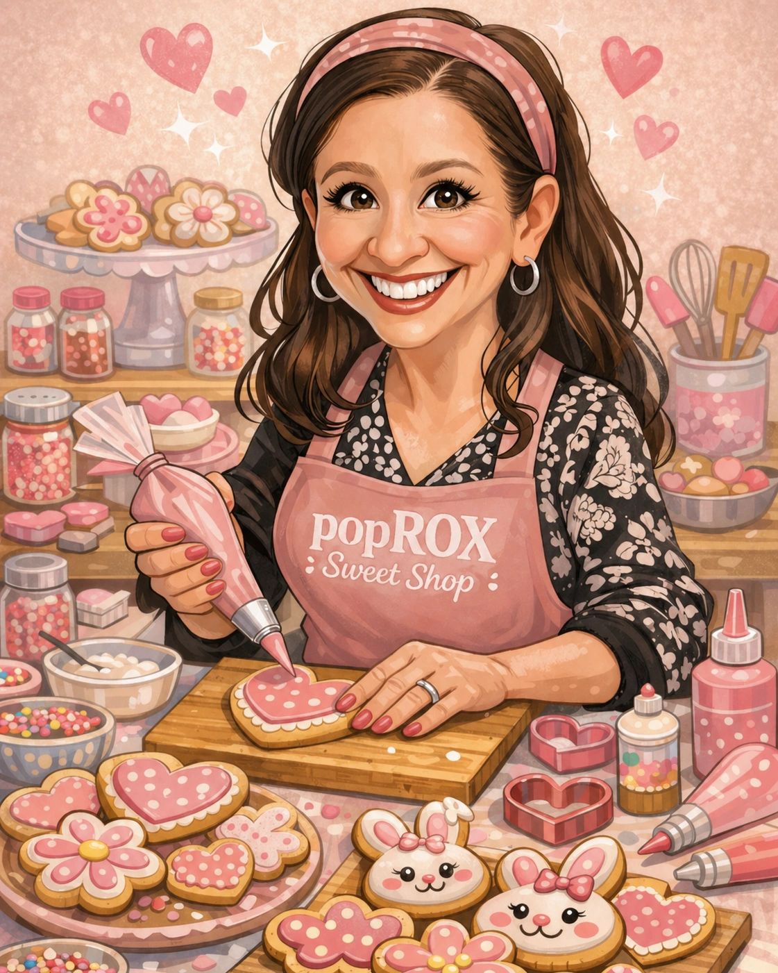 A cheerful woman decorates heart-shaped cookies in a cozy sweet shop.
