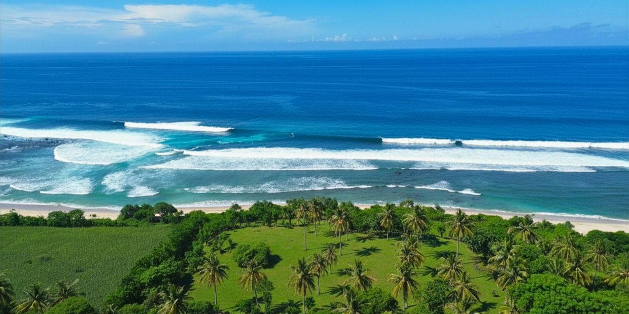 Aerial view of a tropical coastline with waves.