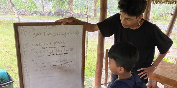 A teacher helping student learn Eng