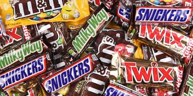 Mars, Twix, Snickers, M&M’s, Kit Kat, Coffee Crisp, Rolo, Oh Henry!, Aero, Crunch, Crunchie, Caramil