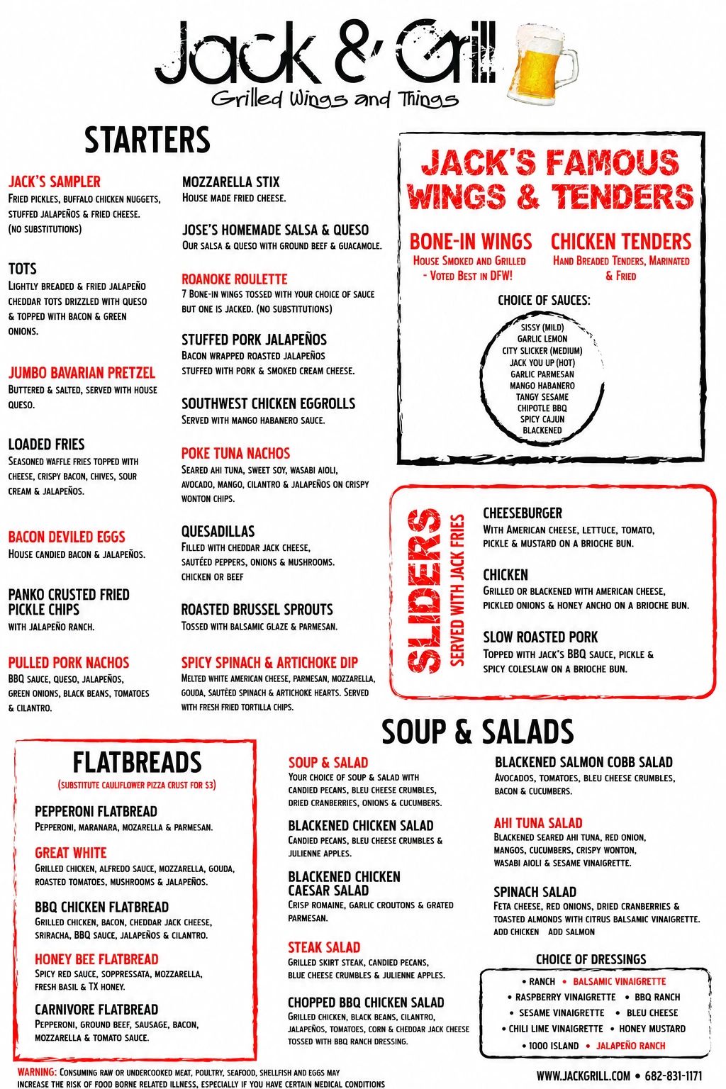Jack &amp; Grill menu featuring starters, wings, sliders, flatbreads, soups, and salads with various flavorful options.