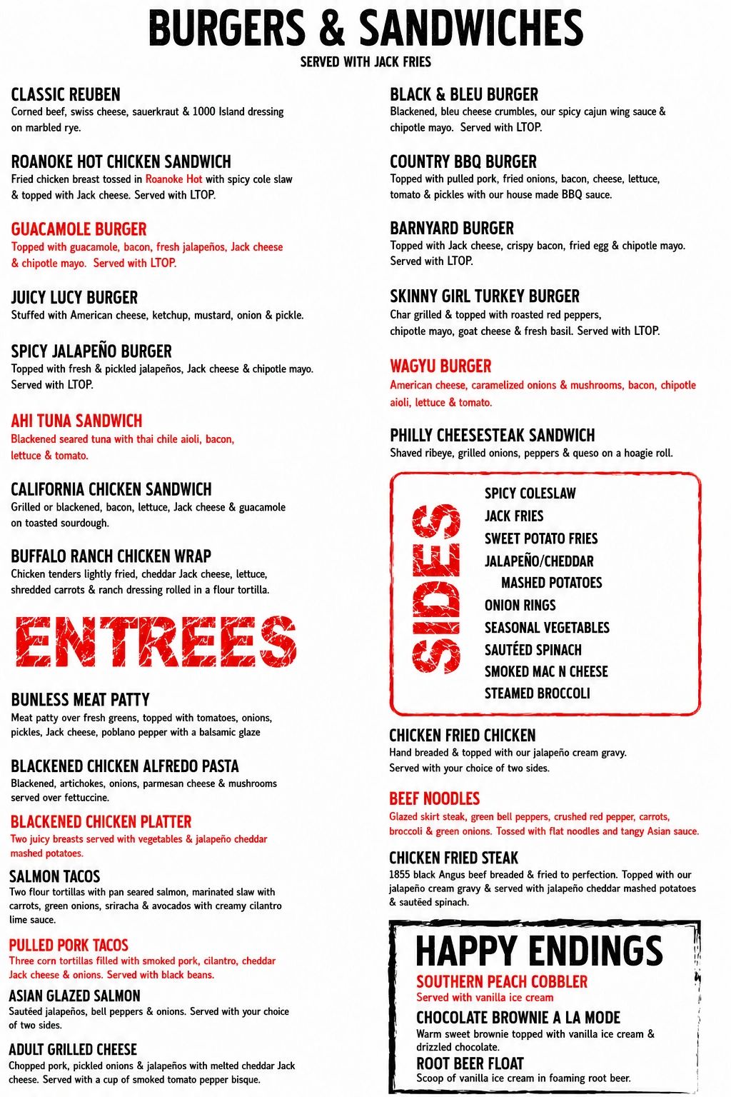 Menu featuring burgers, sandwiches, entrees, sides, and desserts with detailed descriptions.