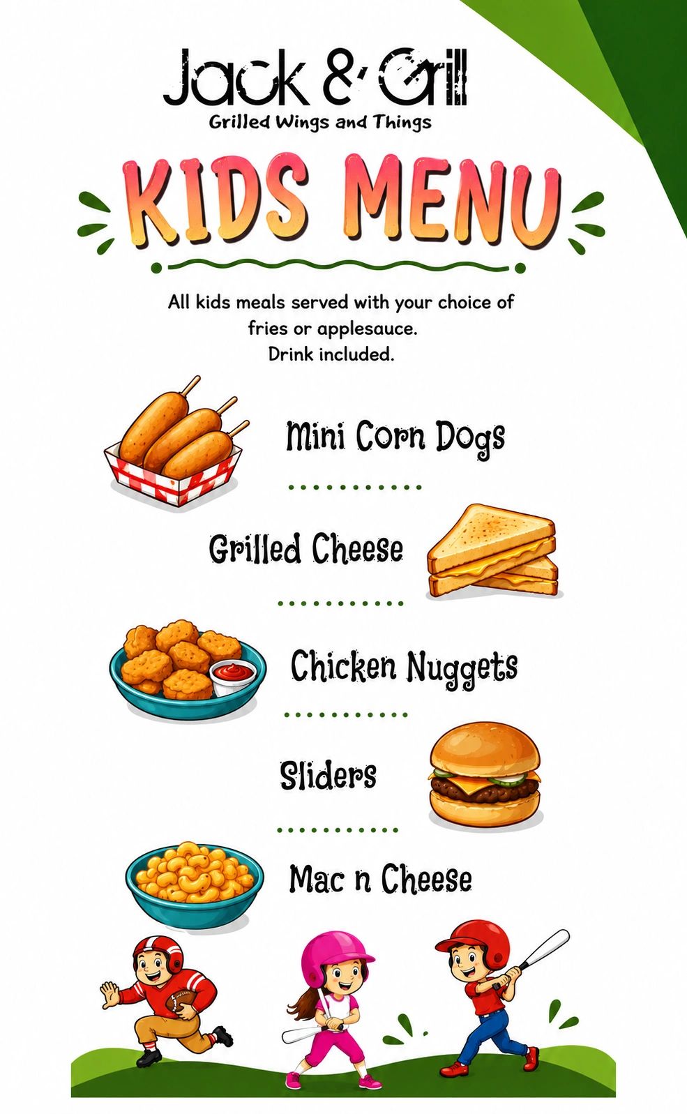 Colorful kids menu with fun food icons and playful kids playing sports at the bottom.