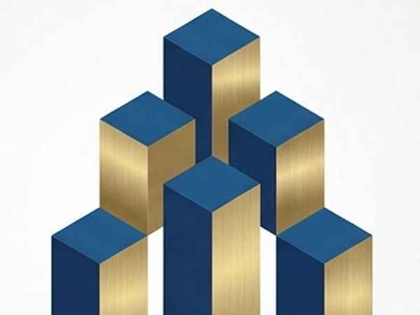 Blue and gold intertwined rectangular blocks forming an impossible shape.
