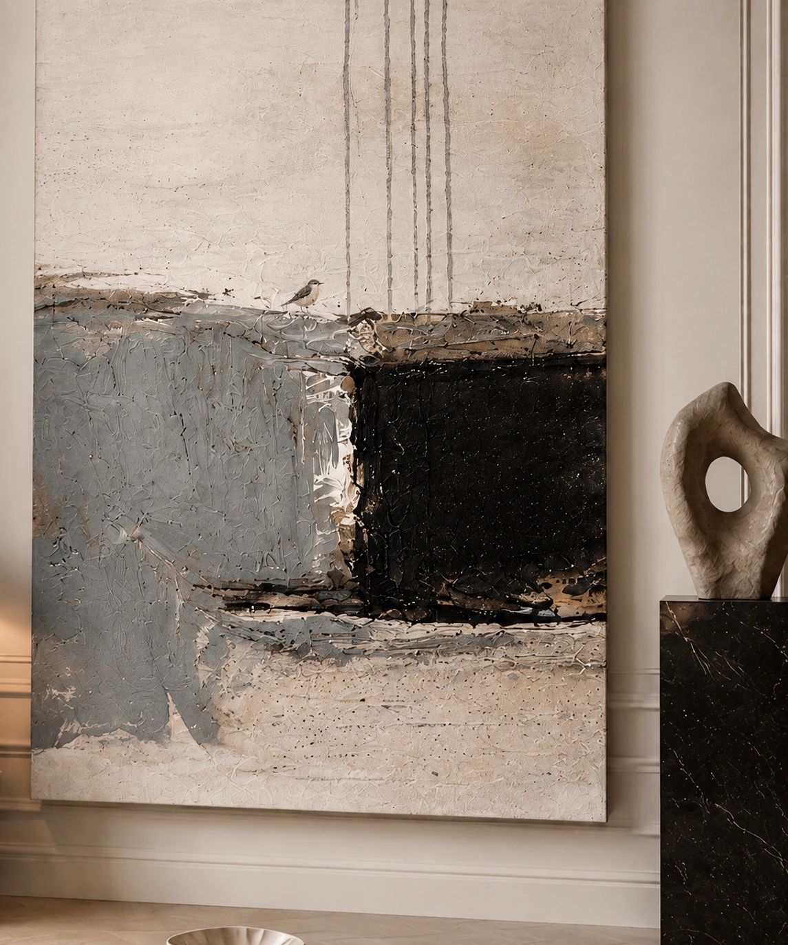 Abstract textured painting with neutral tones.