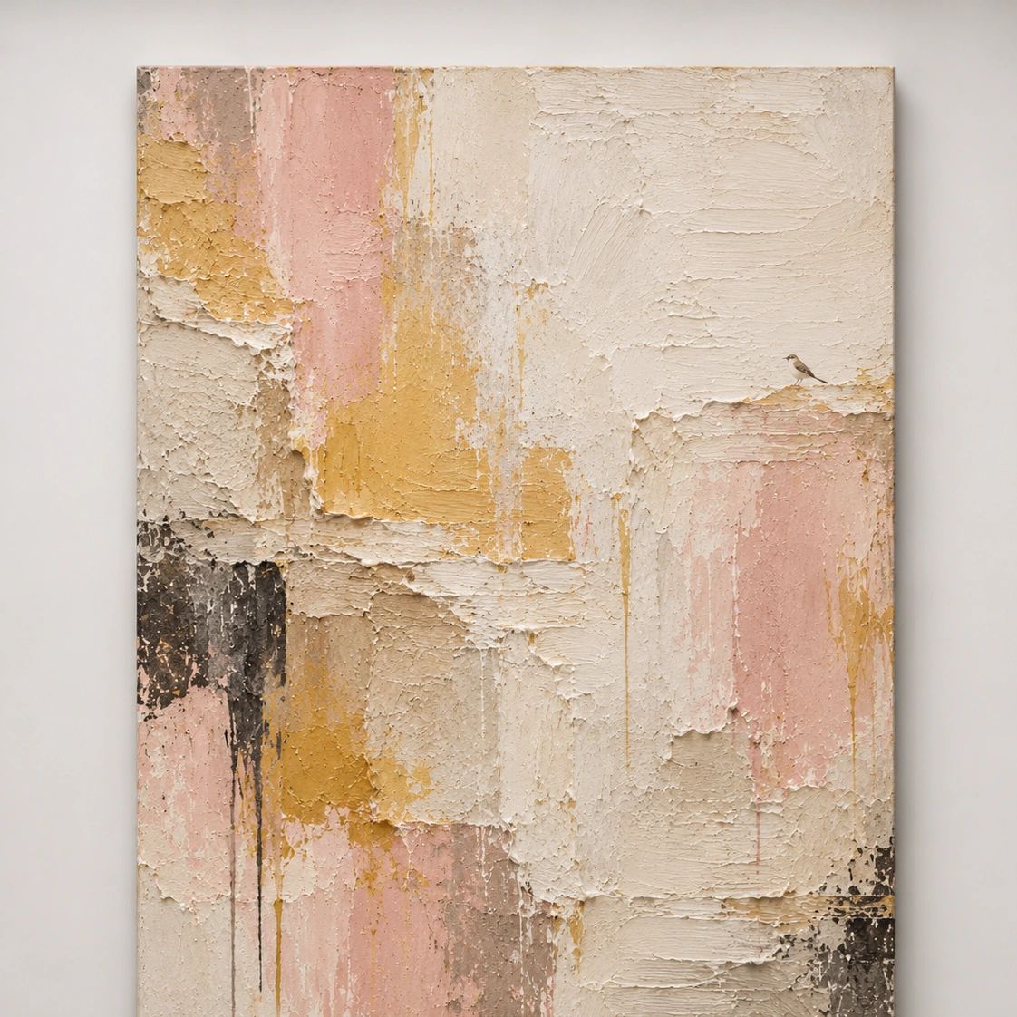 Textured abstract painting with warm tones and a small bird.