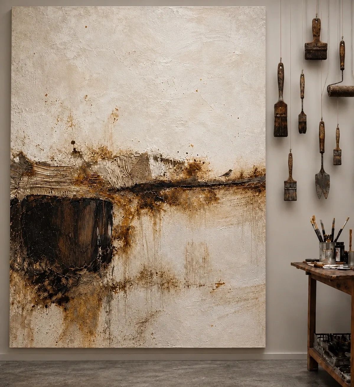 Abstract textured art canvas with brown and beige tones.