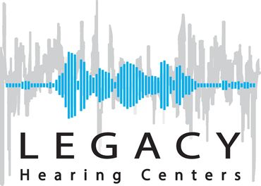 The Legacy Hearing Centers logo white background. Bright blue sound wave is Legacy Hearing Centers