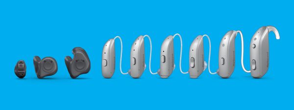The hearing aid lineup from ReSound on a bright blue background