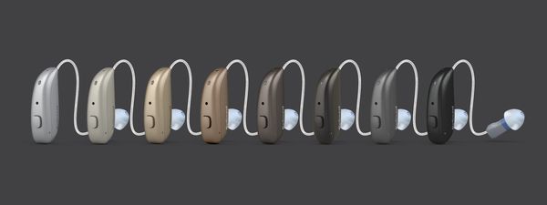 The colors available from ReSound in the RIE style in tan & sand shades through coffee & deep black