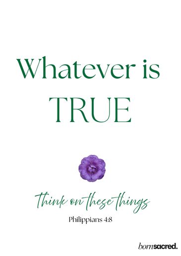 Inspirational quote from Philippians 4:8 with a purple flower.