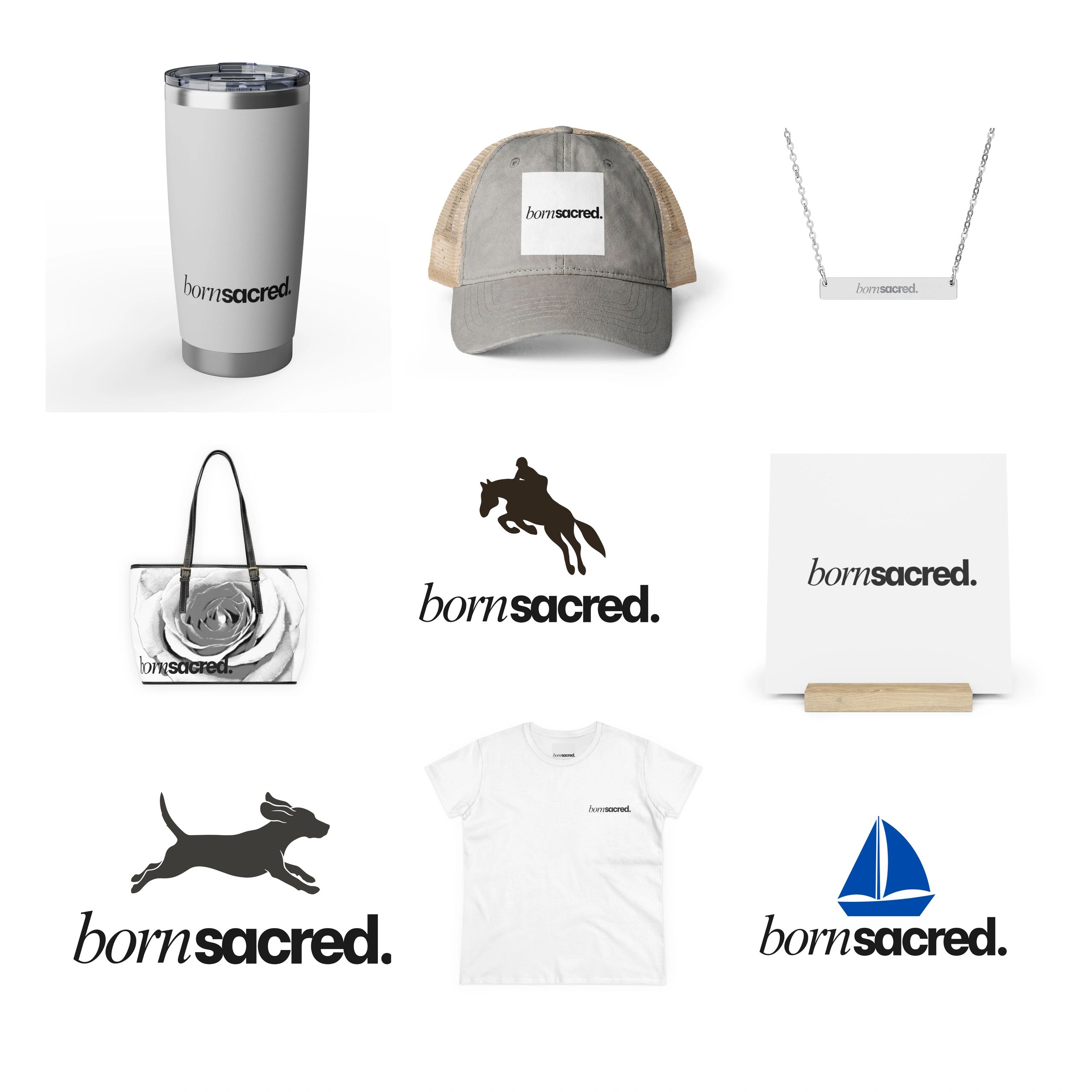 Array of products branded with 'bornsacred.' logo.