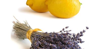 Two lemons and a bundle of dried lavender.