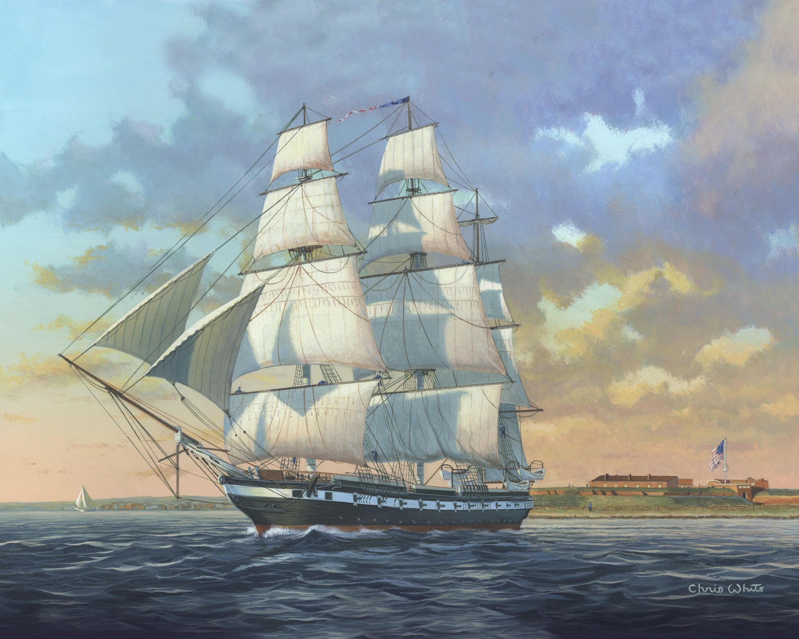 Historic painting of the U.S.S. Constellation sailing past Fort McHenry 