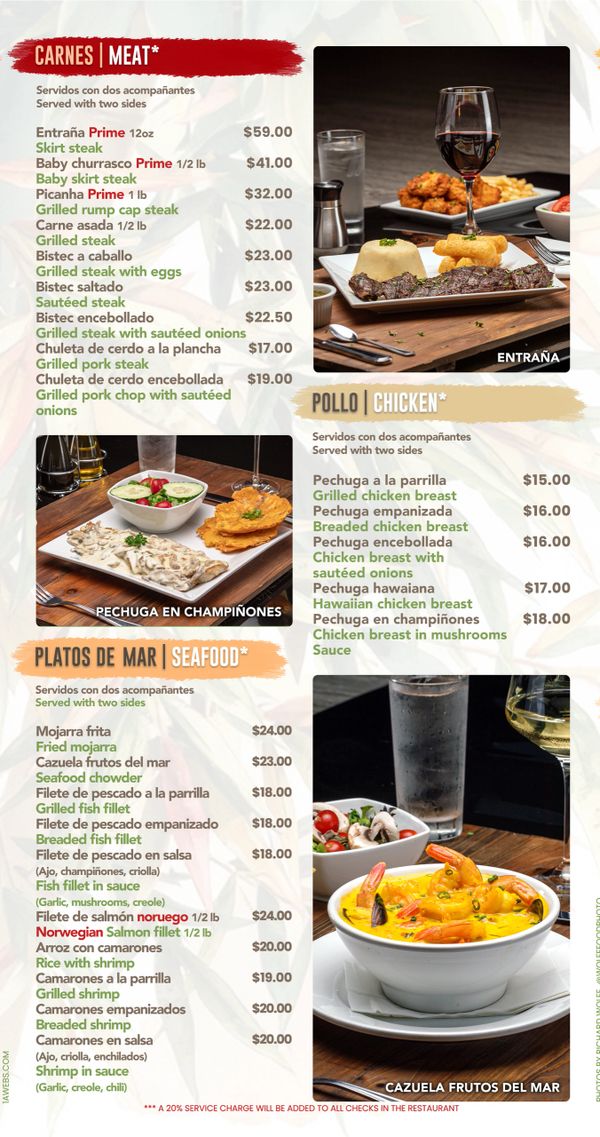 Menu featuring meats, chicken, and seafood dishes with sides and prices.