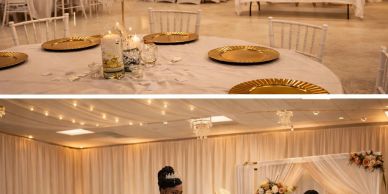 Elegant wedding reception setup with floral decorations and a joyful bride.