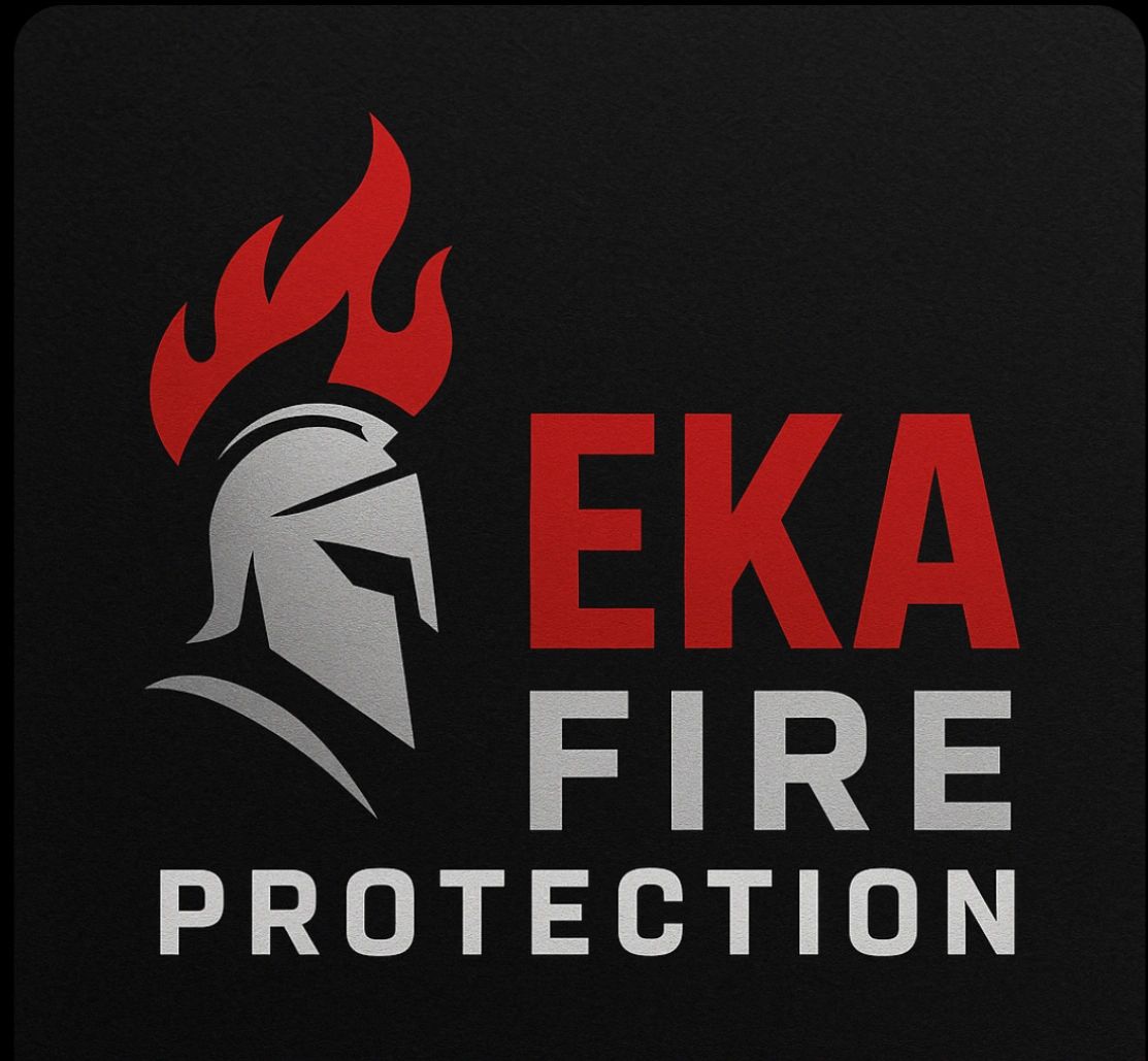 Logo of EKA Fire Protection with a helmet and flames.