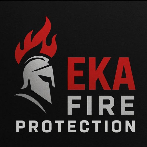 Logo of Eka Fire Protection with a Spartan helmet and flame design.